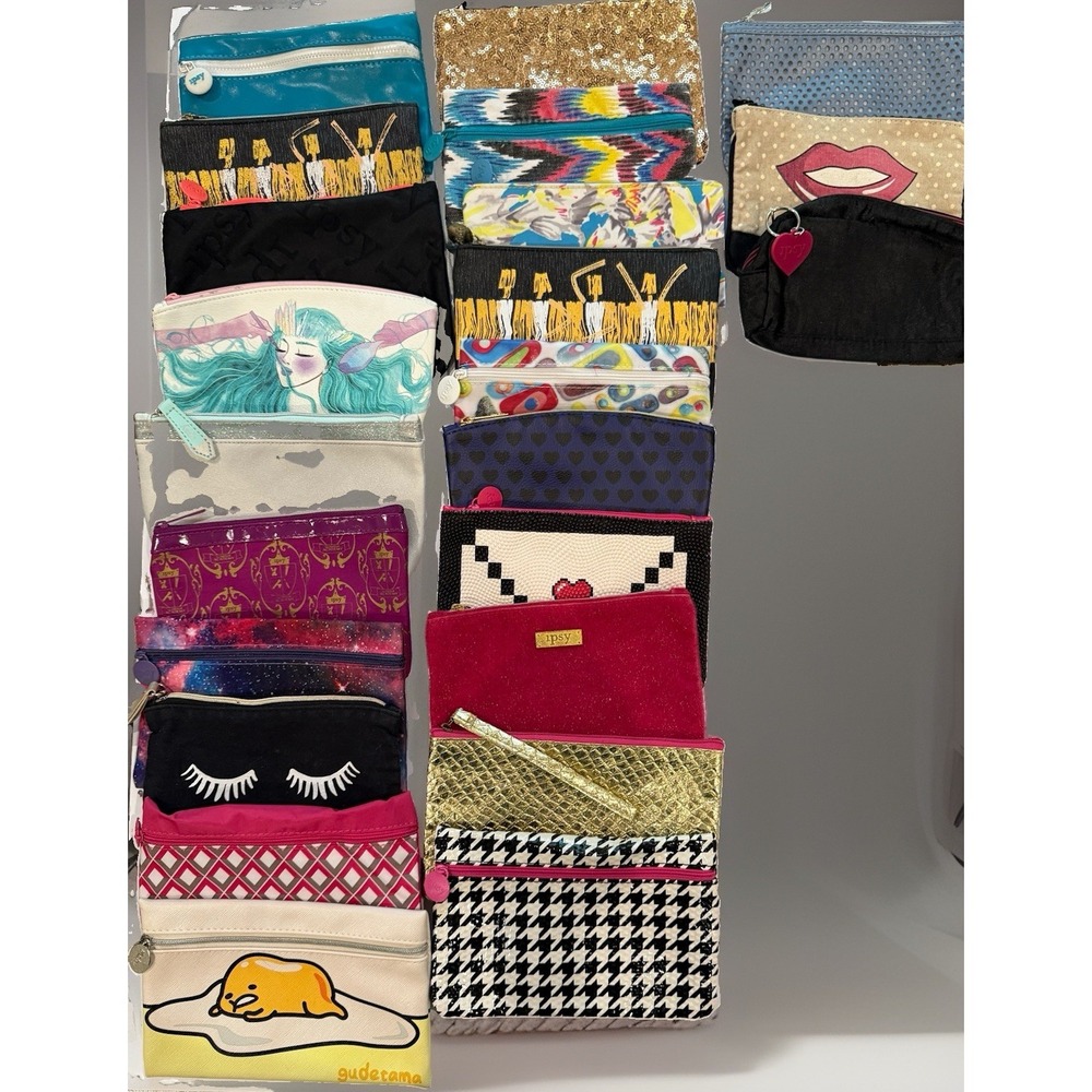 IPSY Glam Bag Lot of 24 Cosmetic Makeup Pouches Cases Gudetama Valfre Vintage